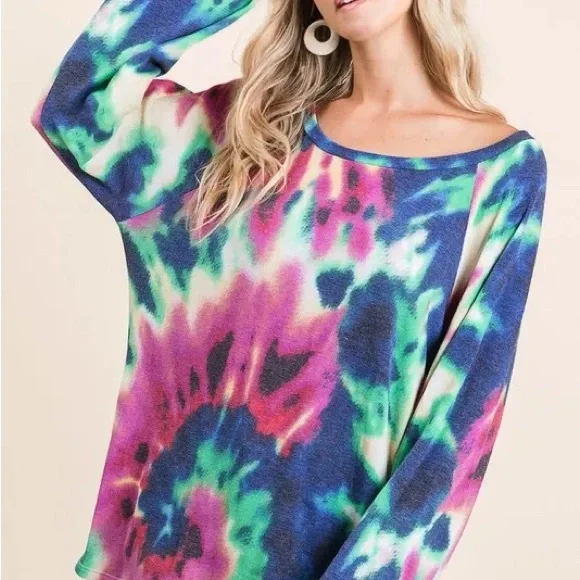 BiBi Tie Dye Print Terry Top with Puff Sleeves - Picture 6 of 10